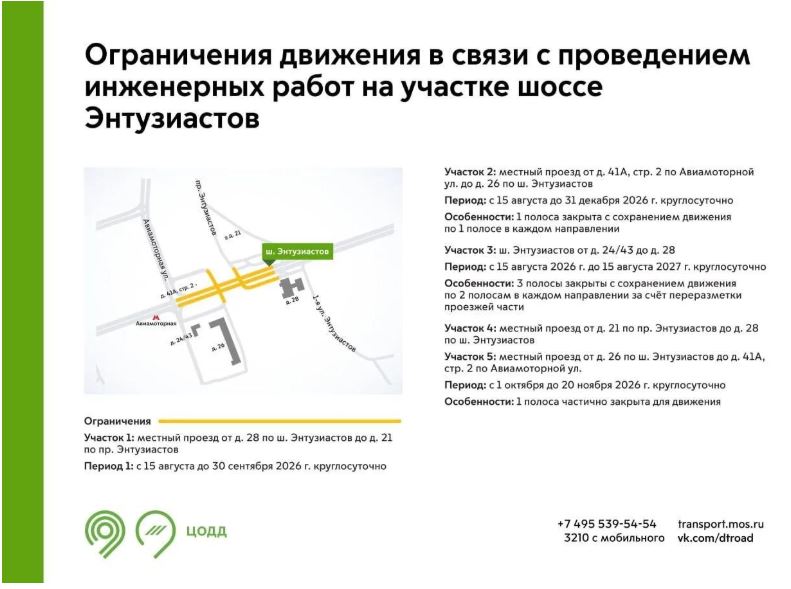 Ограничение движения в связи с проведением инженерных работ на участке шоссе Энтузиастов